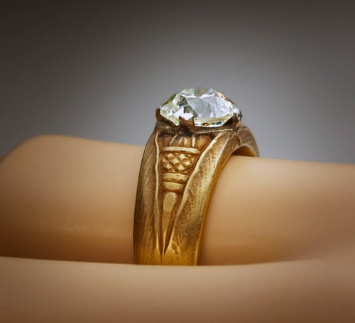 Art Nouveau Antique Russian Solitaire Diamond Gold Men's Ring