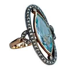 Vintage Aquamarine Rose Diamond Long Ring