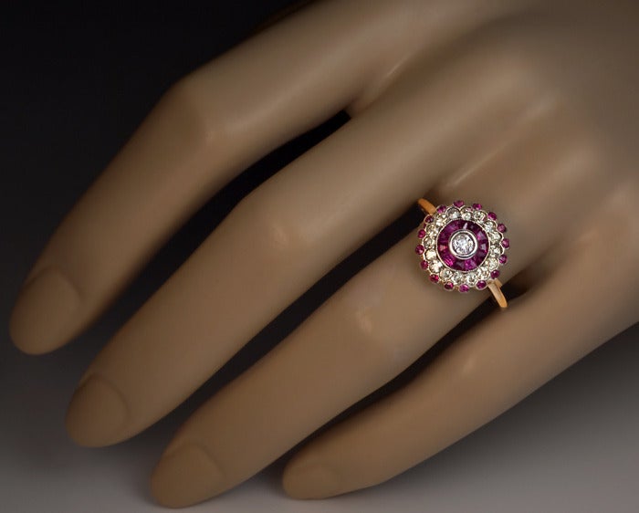 Antique Russian Ruby Diamond Cluster Ring In Excellent Condition In Chicago, IL