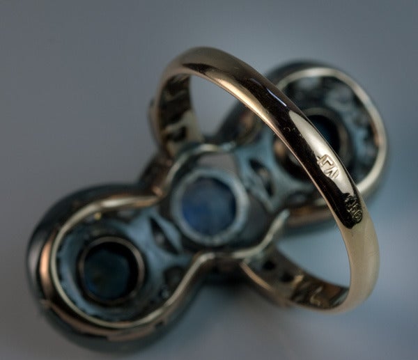 Women's Antique Russian Sapphire Diamond Silver Gold Long Ring