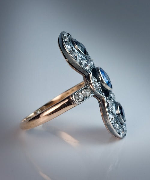 Antique Russian Sapphire Diamond Silver Gold Long Ring 1