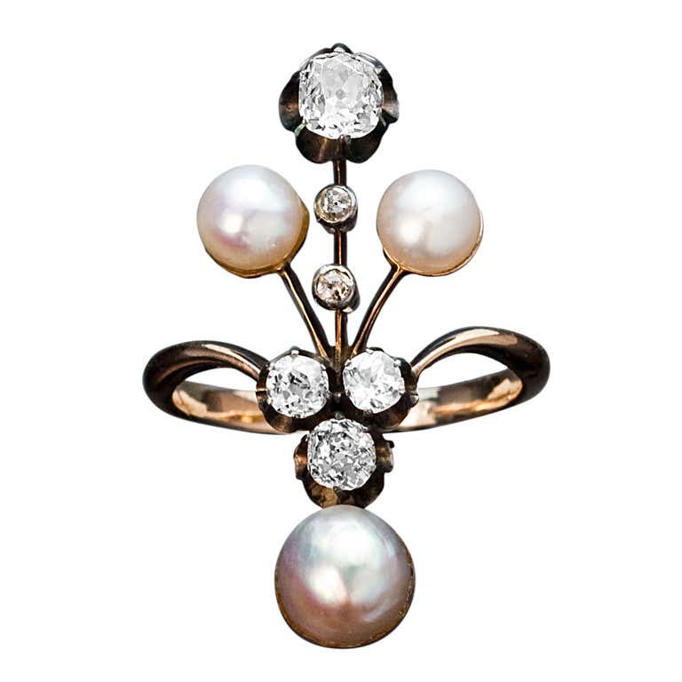 Belle Epoque Russian Pearl Diamond Ring at 1stDibs