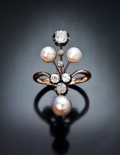 Belle Epoque Russian Pearl Diamond Ring In Excellent Condition In Chicago, IL