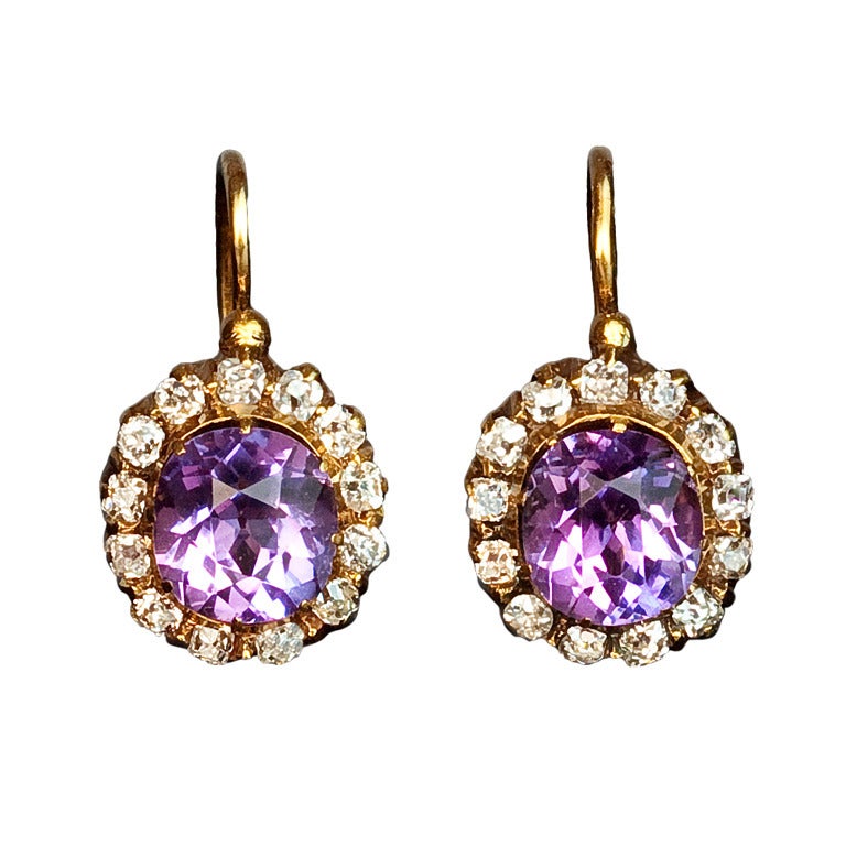 Antique Russian Amethyst Diamond Cluster Earrings