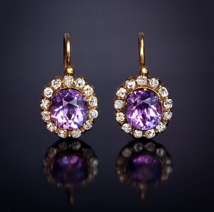 Edwardian Antique Russian Amethyst Diamond Cluster Earrings