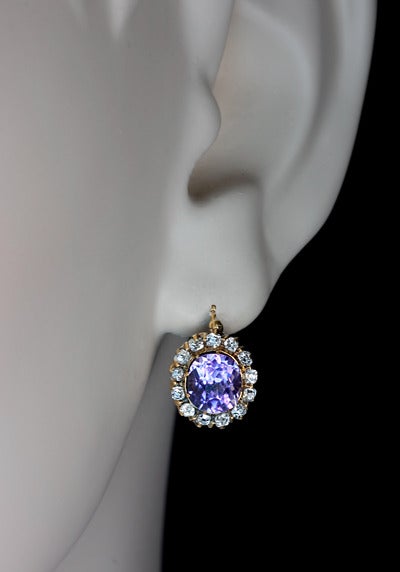 Antique Russian Amethyst Diamond Cluster Earrings In Excellent Condition In Chicago, IL