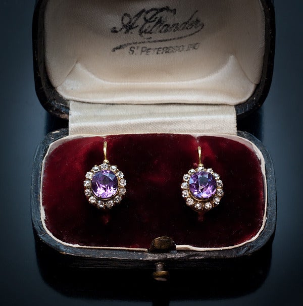 Women's Antique Russian Amethyst Diamond Cluster Earrings