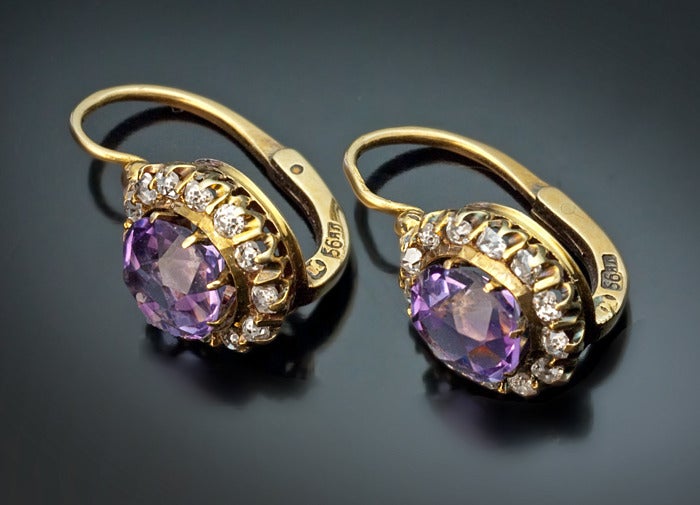 Antique Russian Amethyst Diamond Cluster Earrings 1