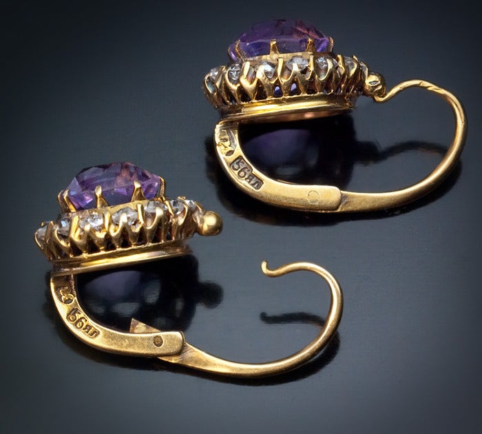 Antique Russian Amethyst Diamond Cluster Earrings 2
