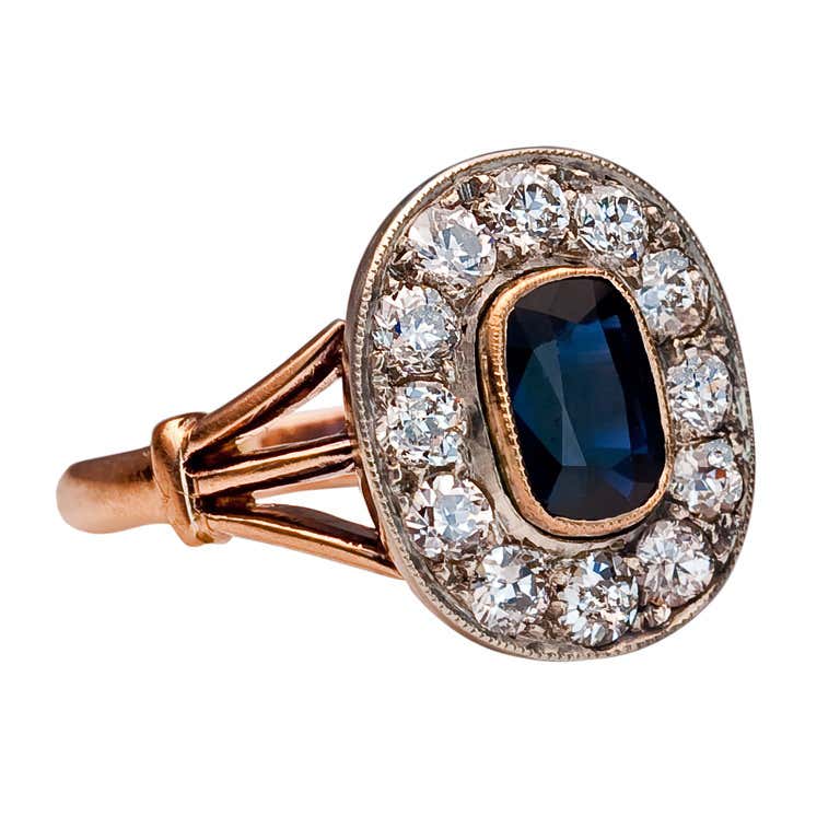 Antique Sapphire Diamond Gold Russian Engagement Ring at 1stDibs