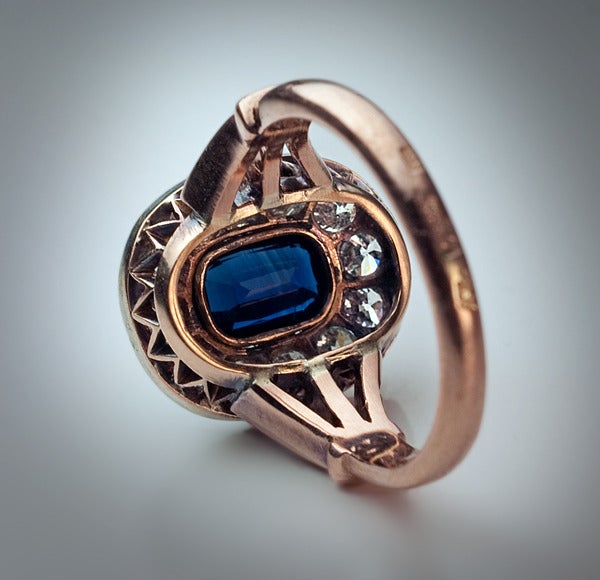 Edwardian Antique Sapphire Diamond Gold Russian Engagement Ring
