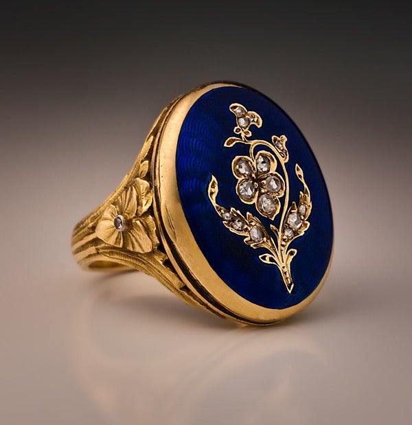 Women's Antique French Guilloche Enamel Locket Ring