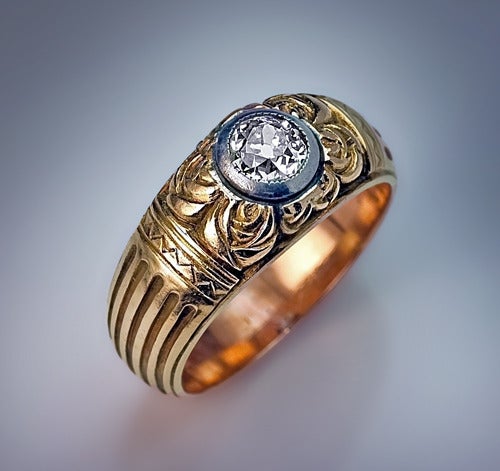 Art Nouveau Antique Russian Diamond Solitaire Men's Ring