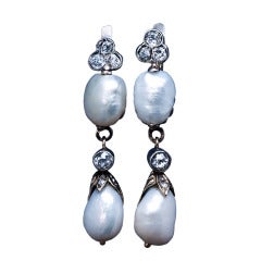 Art Nouveau Baroque Pearl Diamond Gold Dangle Earrings