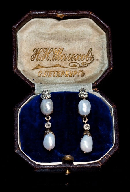Women's Art Nouveau Baroque Pearl Diamond Gold Dangle Earrings