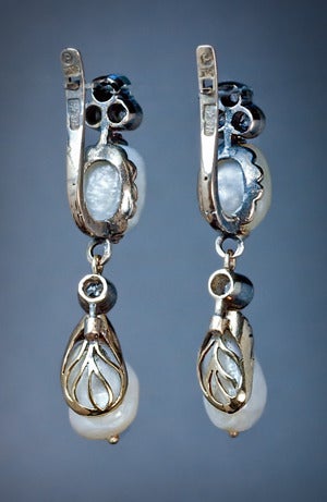 Art Nouveau Baroque Pearl Diamond Gold Dangle Earrings 1