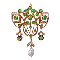 Art Nouveau Russian Demantoid & Baroque Pearl Pendant