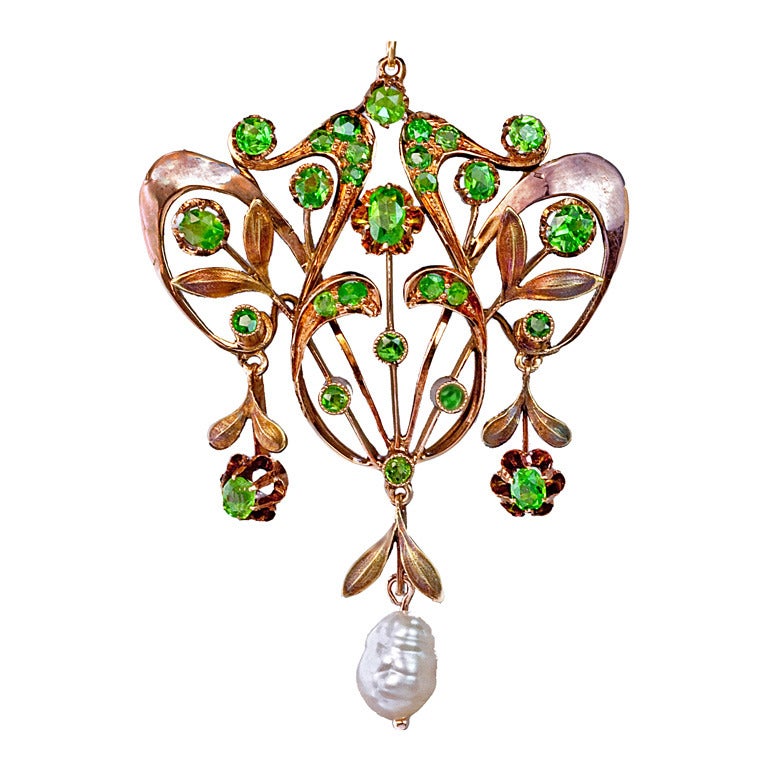 Art Nouveau Russian Demantoid and Baroque Pearl Pendant at 1stDibs