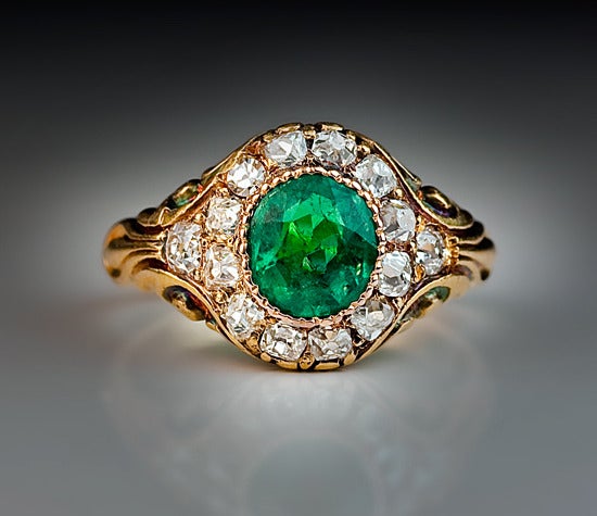 Victorian Antique Russian Emerald Diamond Ring c. 1850