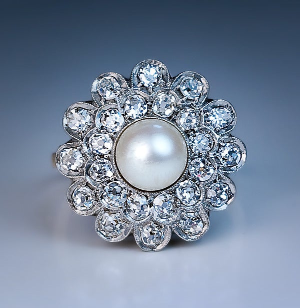 Edwardian Era Pearl & Diamond Cluster Ring c. 1905 In Excellent Condition In Chicago, IL