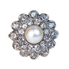 Vintage Edwardian Era Pearl & Diamond Cluster Ring c. 1905