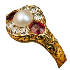 Antique Victorian Pearl Spinel Diamond Ring c. 1880