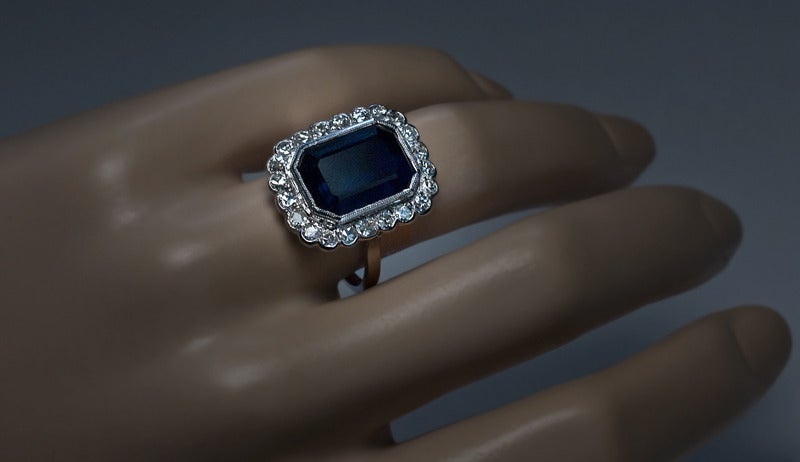 Art Deco French Sapphire Diamond Platinum Ring 1920s