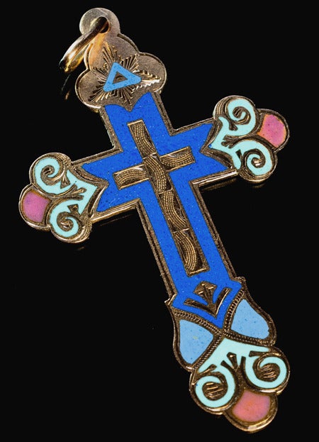 Moscow, 1899-1908

The front of this large and very fine rose gold pectoral cross is hand engraved and embellished with medieval style champleve enamel ornaments.

Height without ring - 50 mm (2 in.)

Engraved inscription on the back reads