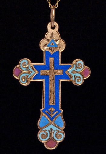 Edwardian Antique Russian Enameled Gold Cross Pendant