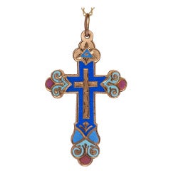 Antique Russian Enameled Gold Cross Pendant
