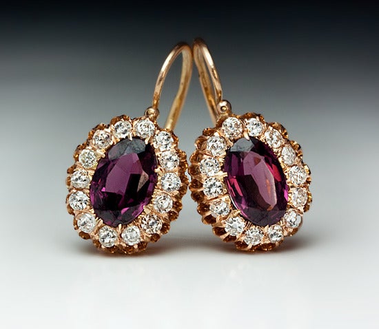 Victorian Antique Russian Almandine Diamond Cluster Earrings