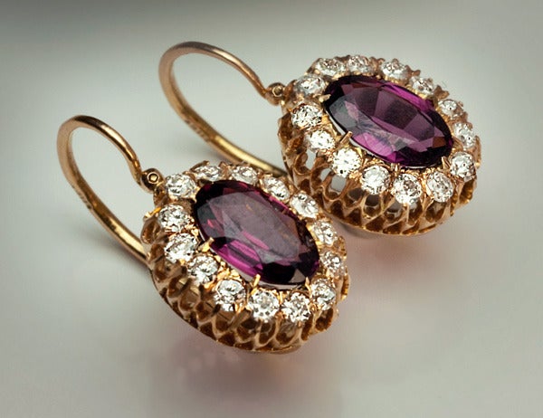 Antique Russian Almandine Diamond Cluster Earrings In Excellent Condition In Chicago, IL