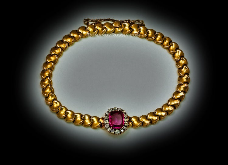 Antique Russian Ruby and Diamond Cluster Gold Bracelet