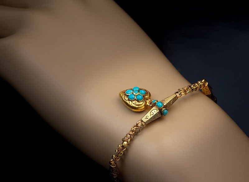 Victorian Turquoise Gold Charm Bracelet In Excellent Condition In Chicago, IL