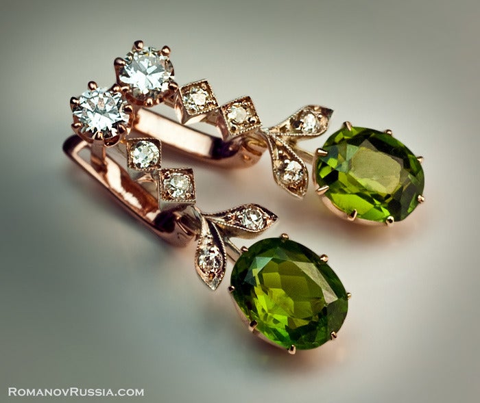 Russian Demantoid Diamond Silver Gold Earrings In Excellent Condition In Chicago, IL