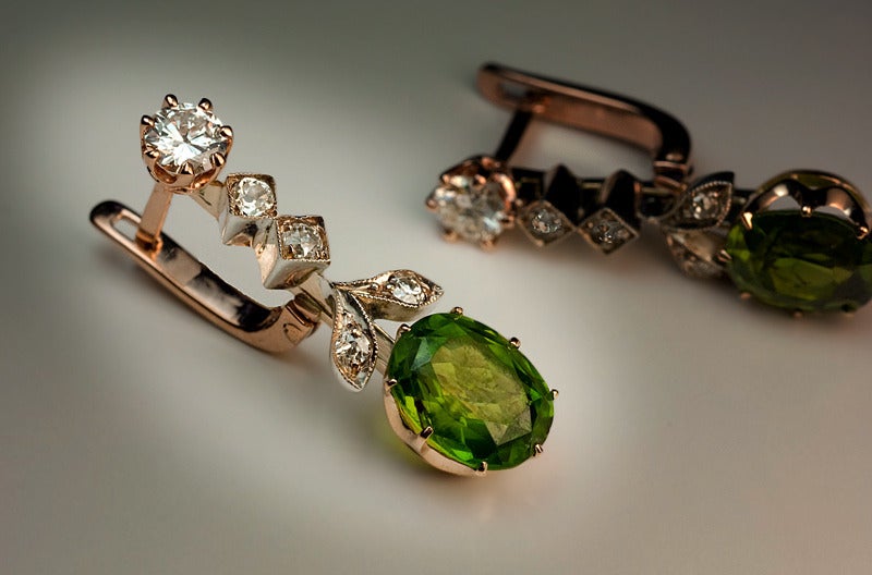 Women's Russian Demantoid Diamond Silver Gold Earrings