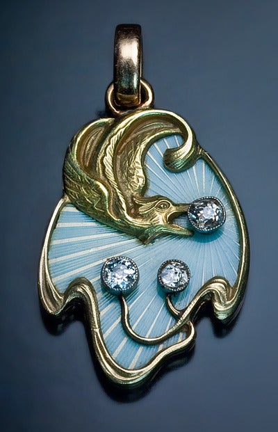 Women's Art Nouveau Guilloche Enamel Gold Pendant