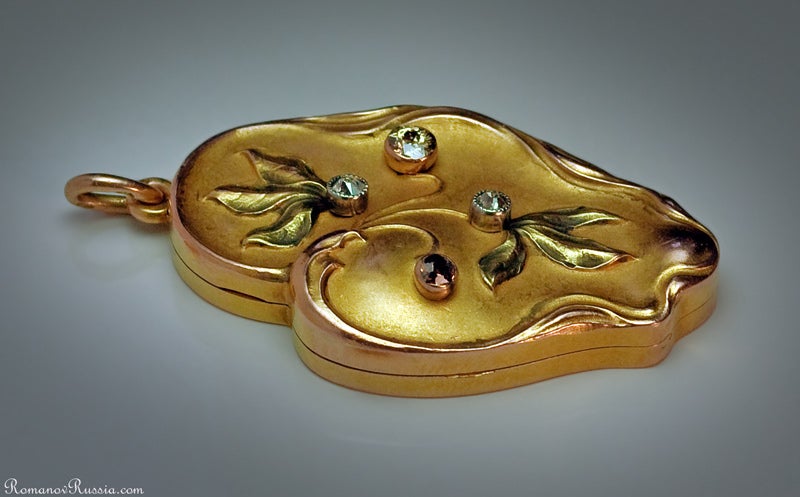 Women's Art Nouveau Russian Jeweled Gold Pendant Locket
