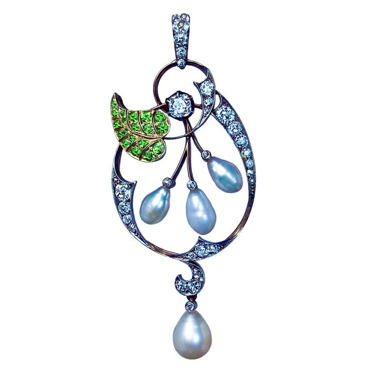 Art Nouveau Antique Demantoid Pearl Diamond Gold Pendant at 1stDibs