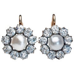 Vintage Oriental Natural Pearl Diamond Cluster Earrings