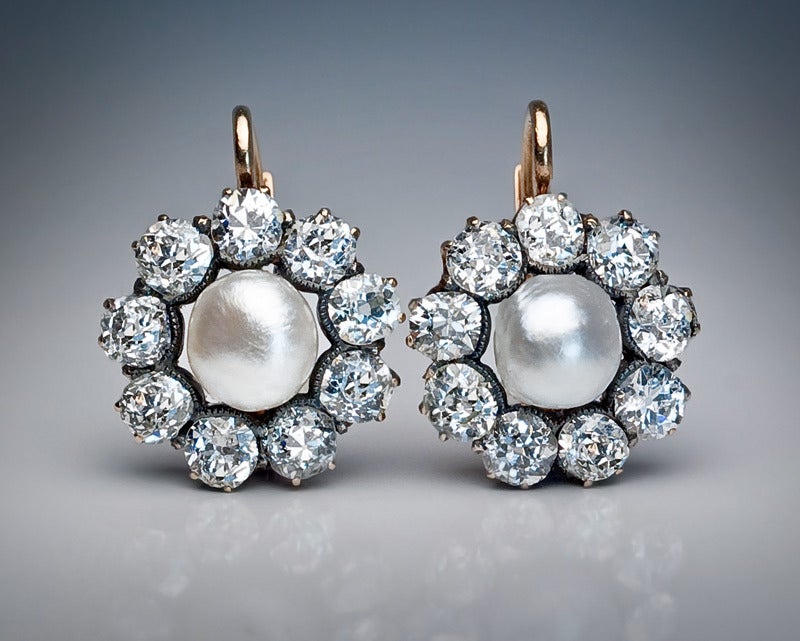 Edwardian Antique Oriental Natural Pearl Diamond Cluster Earrings