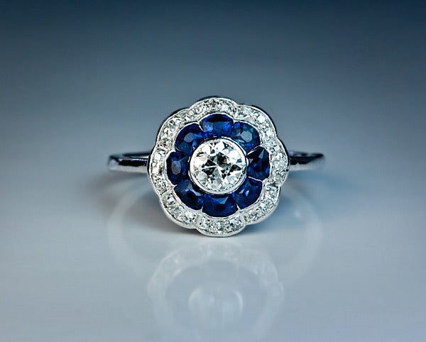 Edwardian Antique Sapphire and Diamond Engagement Ring c. 1910