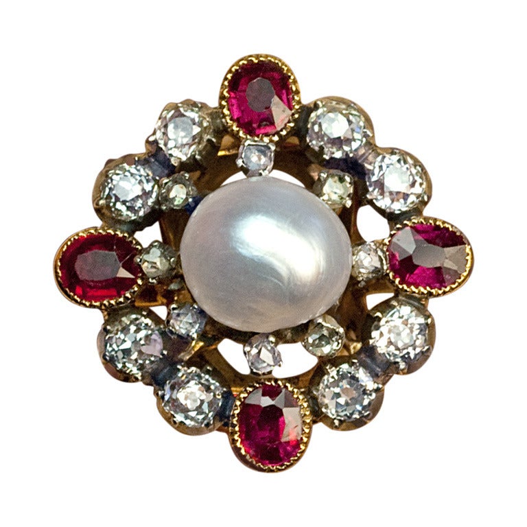 Antique Pearl Ruby Diamond Renaissance Revival Ring