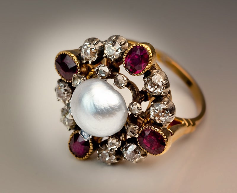 Victorian Antique Pearl Ruby Diamond Renaissance Revival Ring