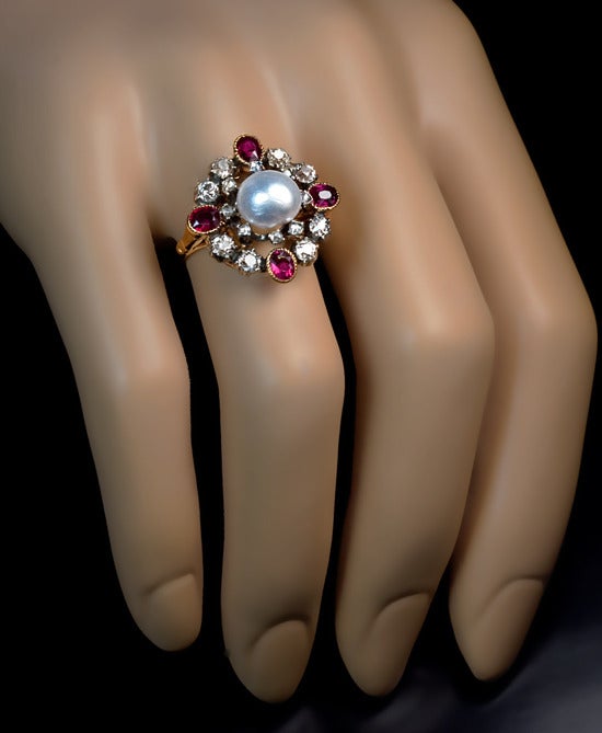 Women's Antique Pearl Ruby Diamond Renaissance Revival Ring