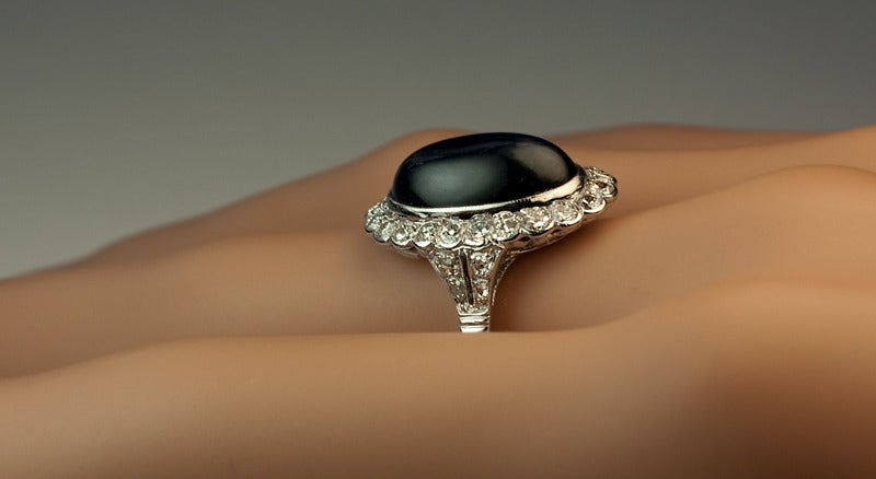 Art Deco Cabochon Sapphire Diamond Platinum Ring 1920s