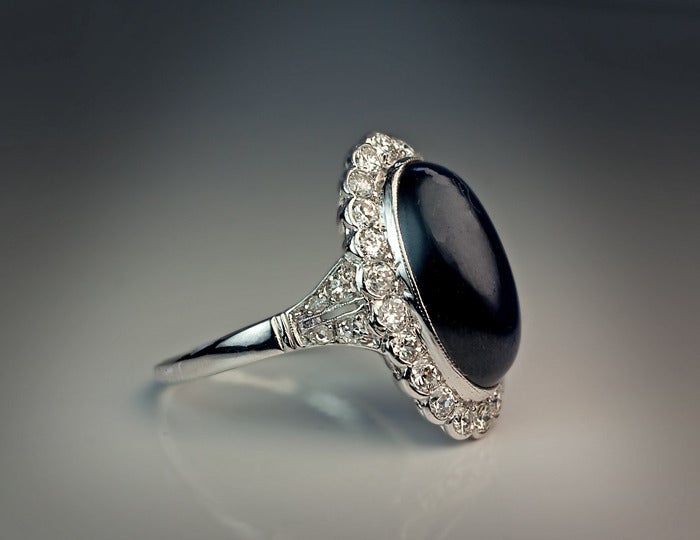 Women's Cabochon Sapphire Diamond Platinum Ring 1920s