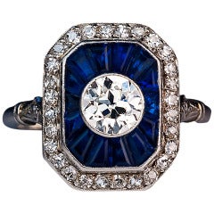 French Art Deco Diamond Sapphire Engagement Ring