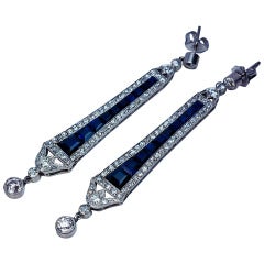 Antique Art Deco Calibre Sapphire Diamond Dangle Earrings