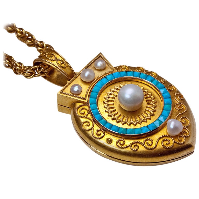 Archaeological Revival Gold Pearl Turquoise Locket Pendant c 1885